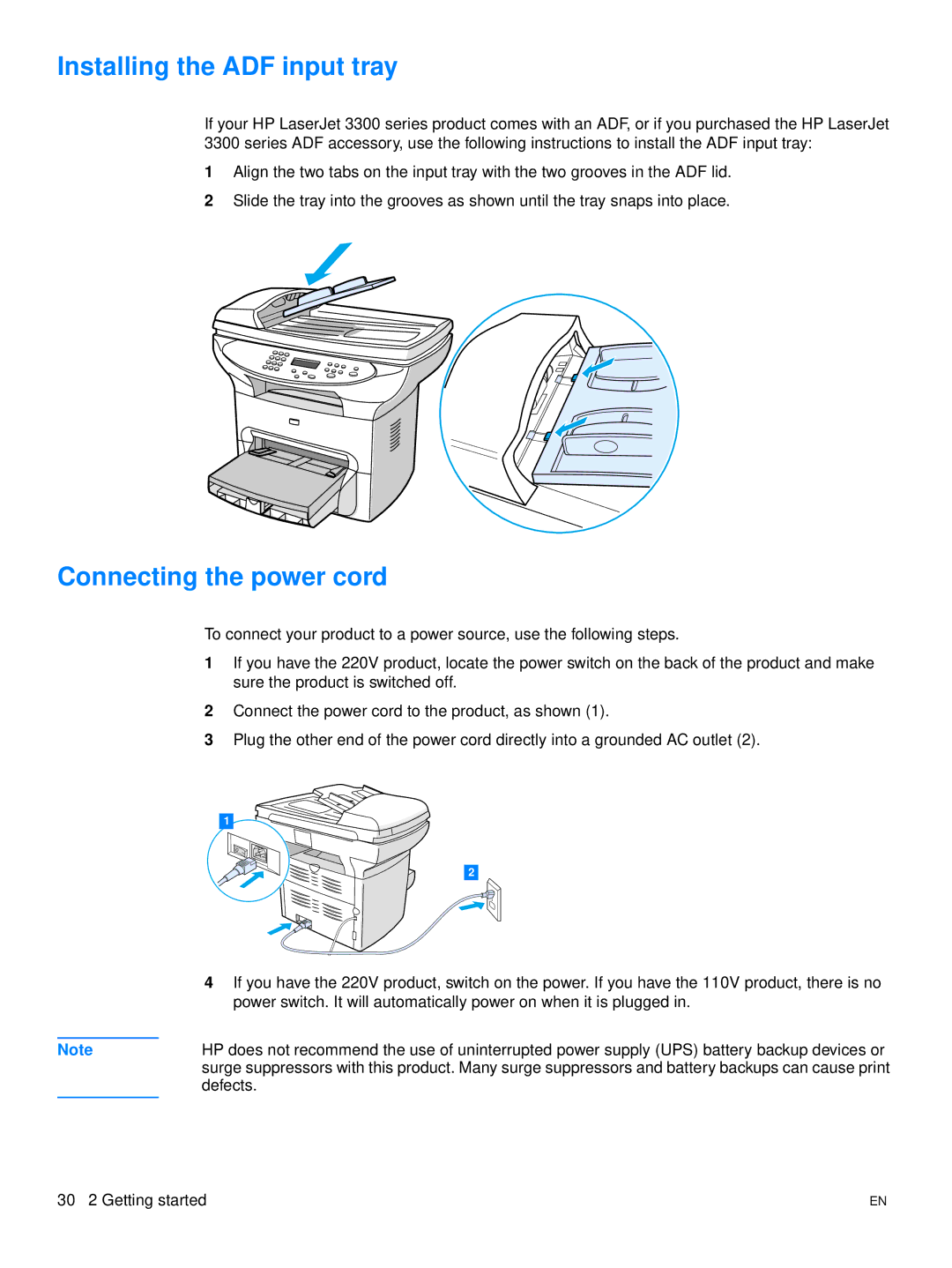 Hitachi 3300MFP manual Installing the ADF input tray, Connecting the power cord 