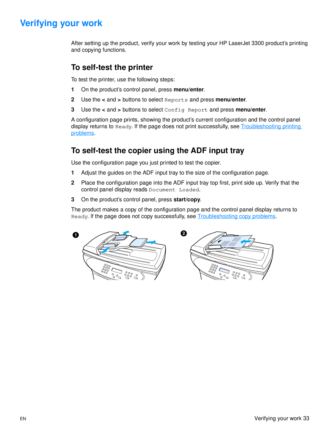 Hitachi 3300MFP manual Verifying your work, To self-test the printer, To self-test the copier using the ADF input tray 