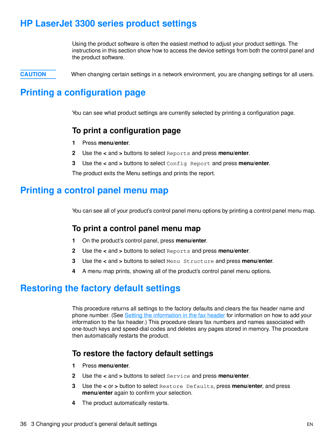 Hitachi 3300MFP HP LaserJet 3300 series product settings, Printing a configuration, Printing a control panel menu map 