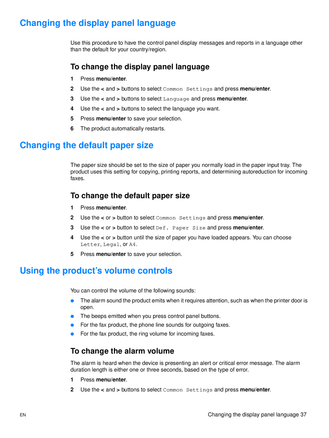 Hitachi 3300MFP Changing the display panel language, Changing the default paper size, Using the product’s volume controls 