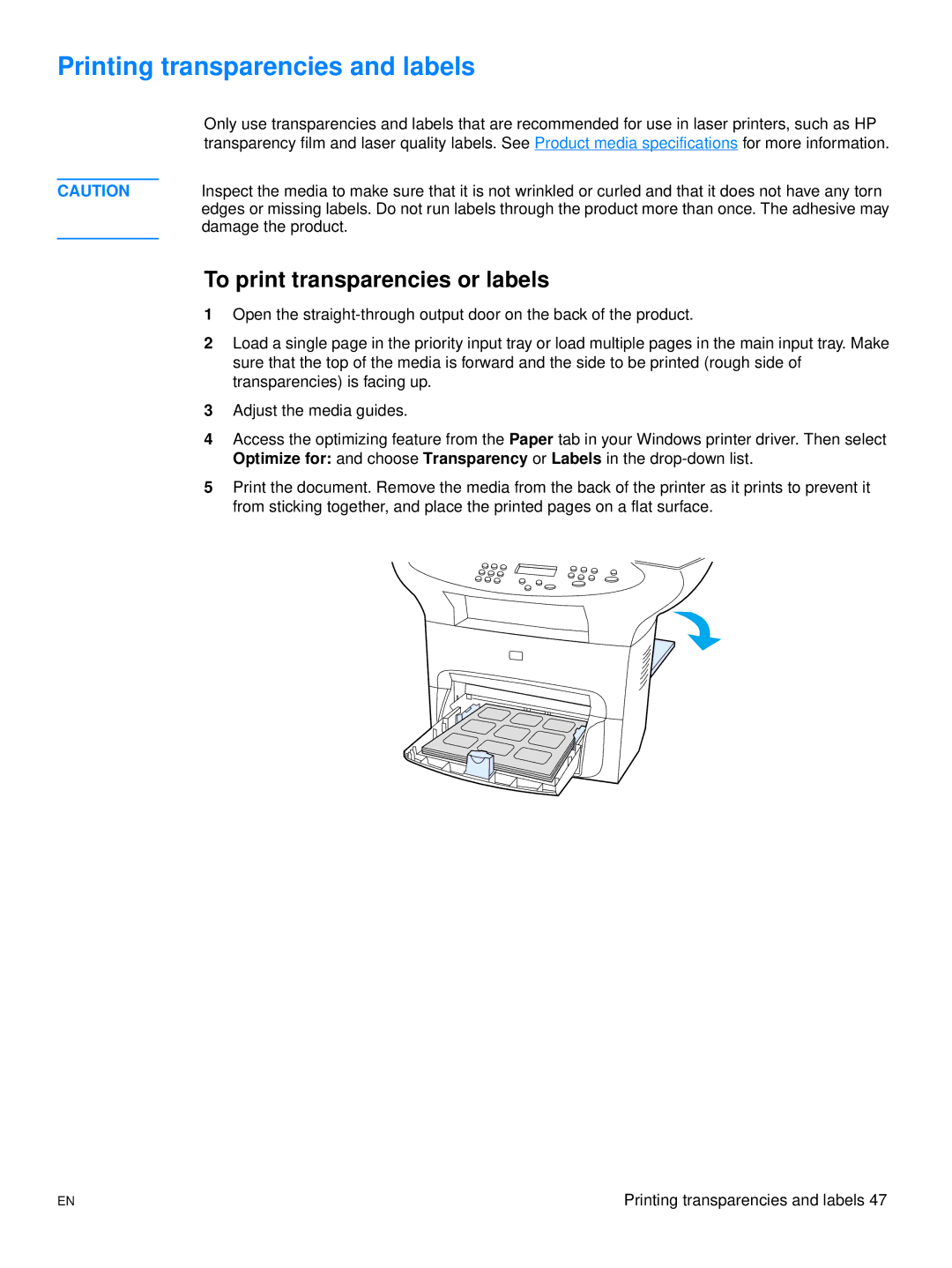 Hitachi 3300MFP manual Printing transparencies and labels, To print transparencies or labels 