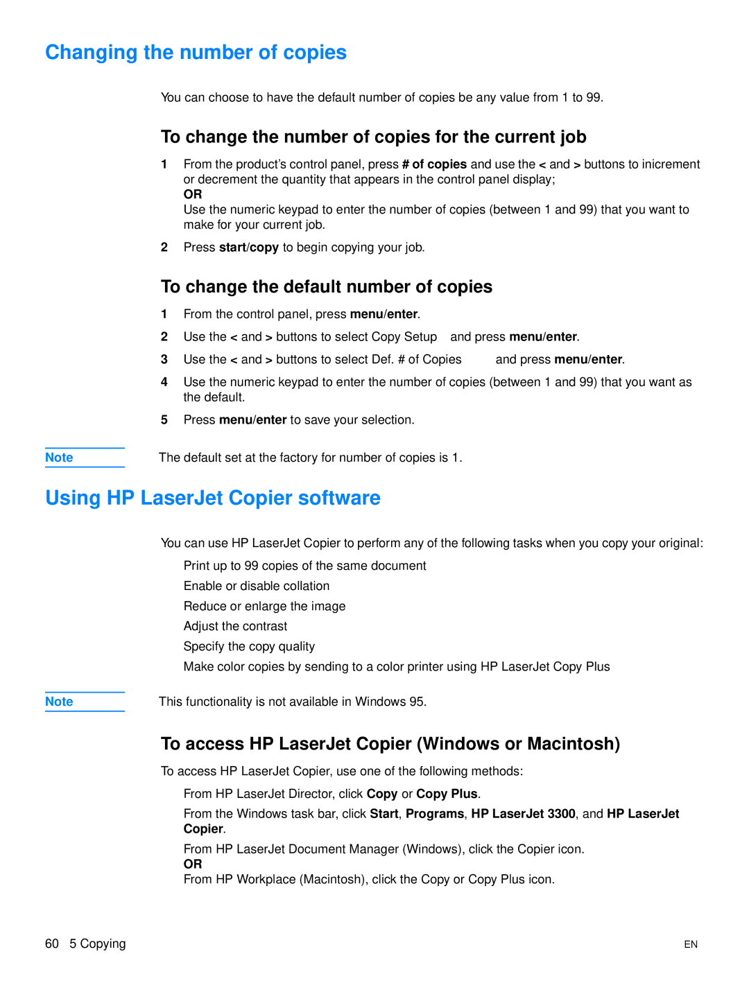 Hitachi 3300MFP Changing the number of copies, Using HP LaserJet Copier software, To change the default number of copies 