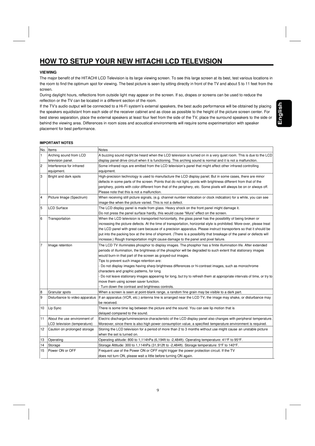 Hitachi 35HDL52 important safety instructions Viewing, Important Notes 