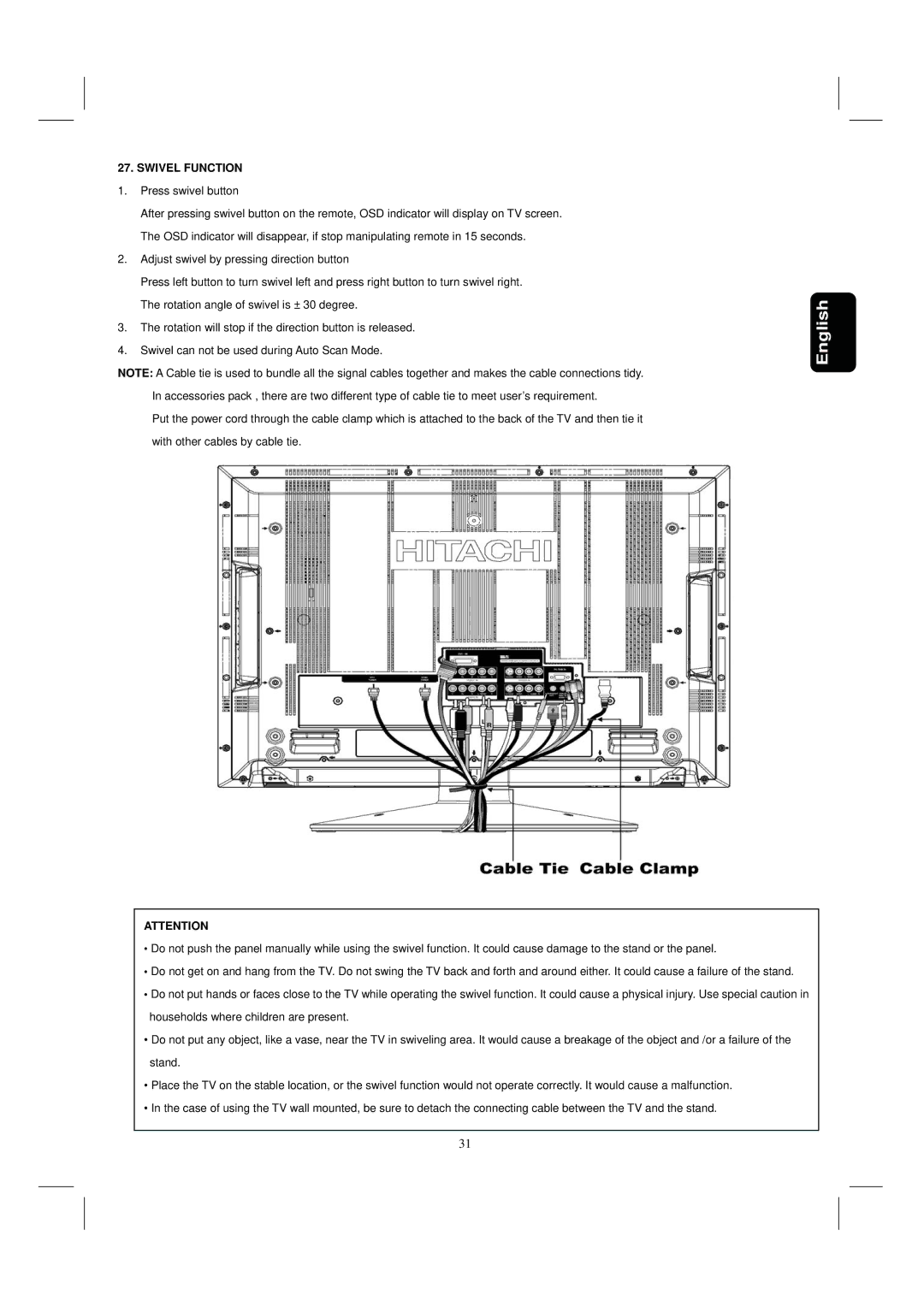 Hitachi 35HDL52 important safety instructions Swivel Function, Press swivel button 