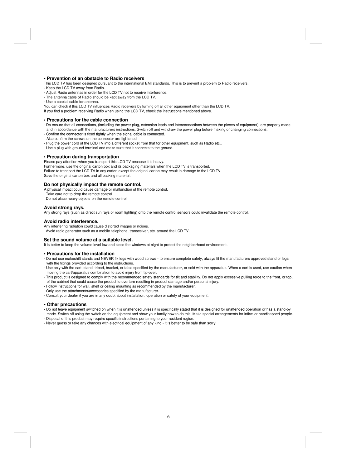 Hitachi 35HDL52 Prevention of an obstacle to Radio receivers, Precautions for the cable connection, Avoid strong rays 