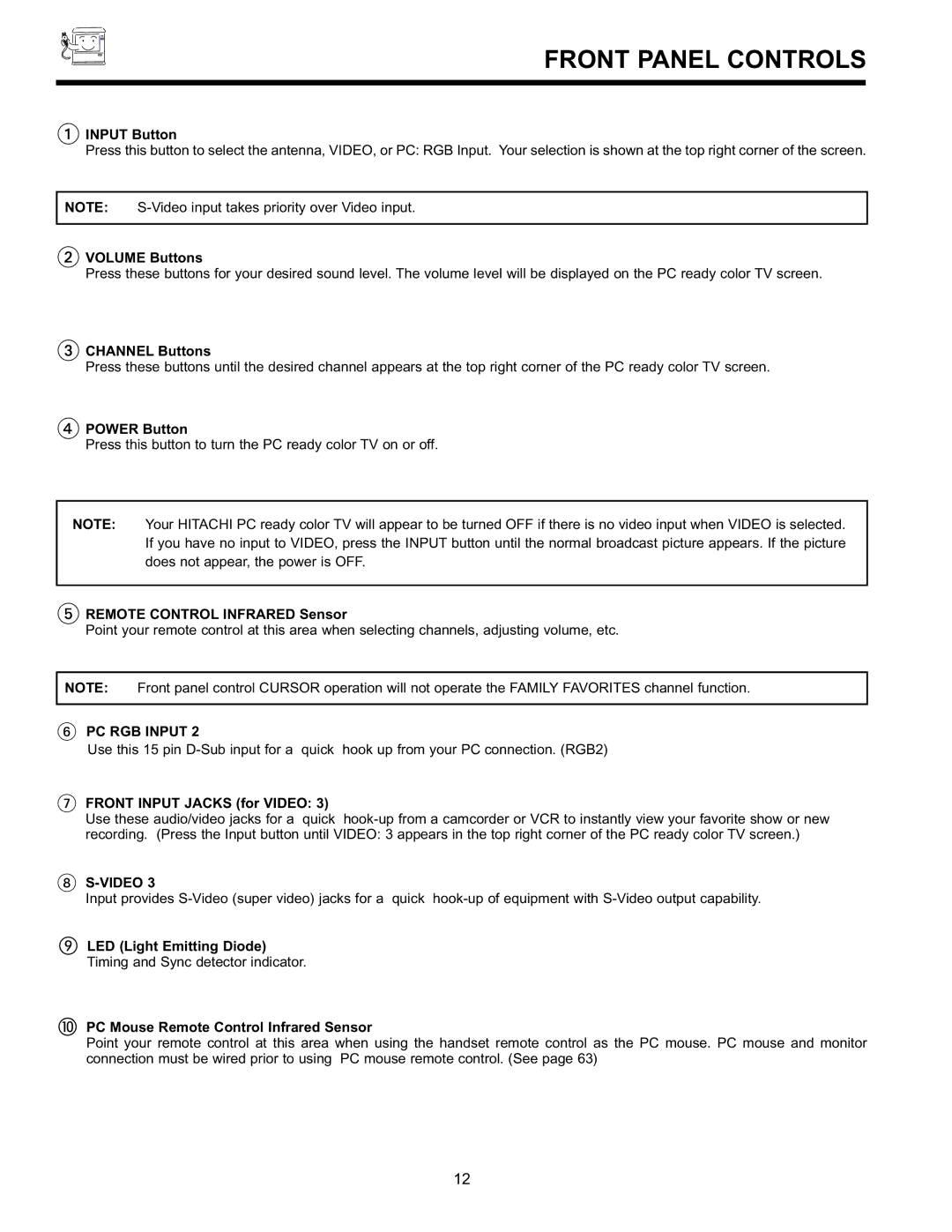 Hitachi 36SDX88B manual Front Panel Controls, PC RGB Input, Video 
