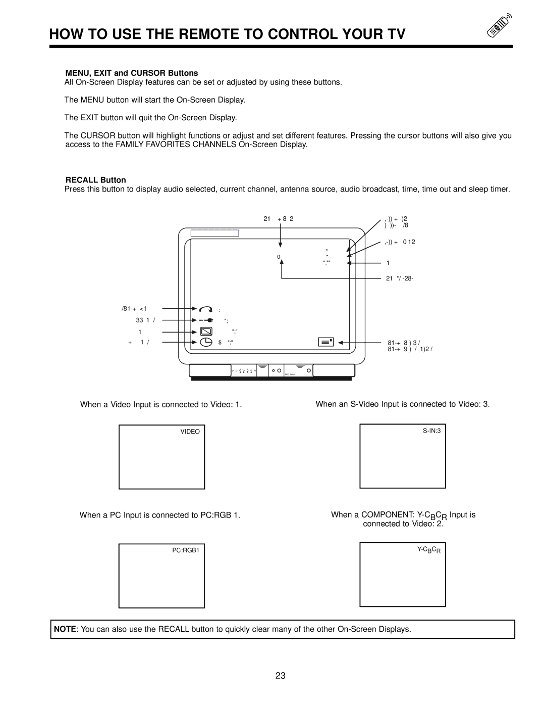 Hitachi 36SDX88B manual MENU, Exit and Cursor Buttons, Recall Button 