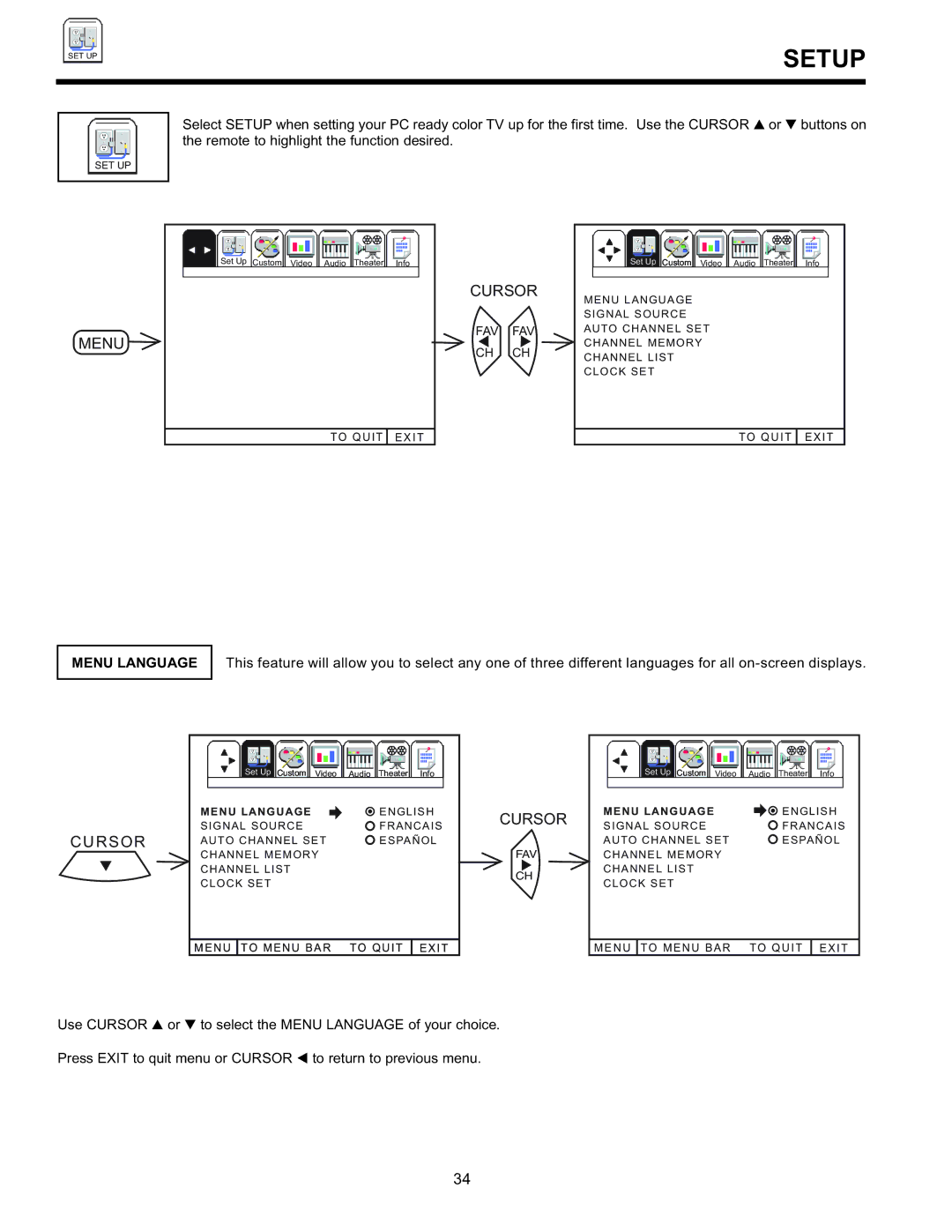 Hitachi 36SDX88B manual Setup, Menu Language 