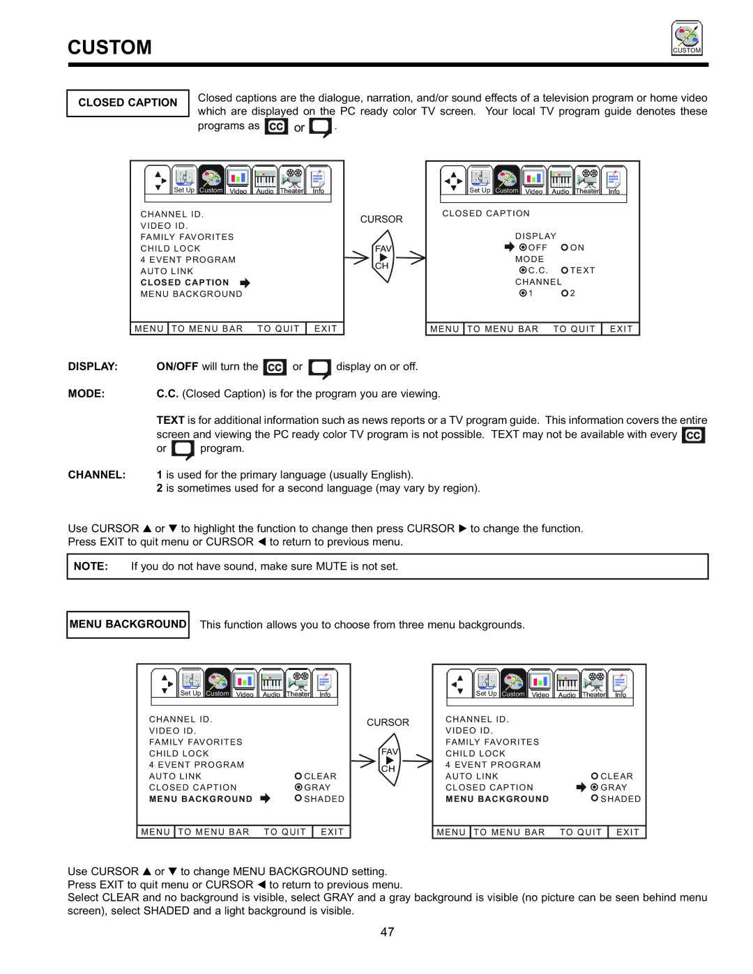 Hitachi 36SDX88B manual Closed Caption, Display, Mode, Channel, Menu Background 