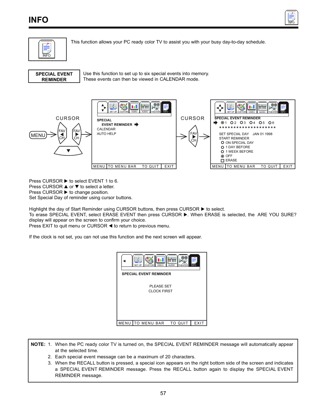 Hitachi 36SDX88B manual Info, Special Event, Reminder, These events can then be viewed in Calendar mode 