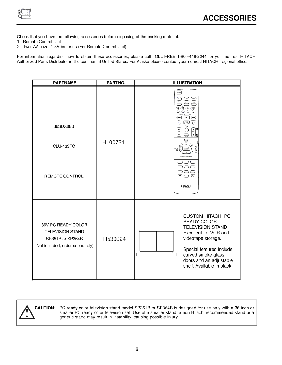 Hitachi 36SDX88B manual Accessories, Partname Partno Illustration 