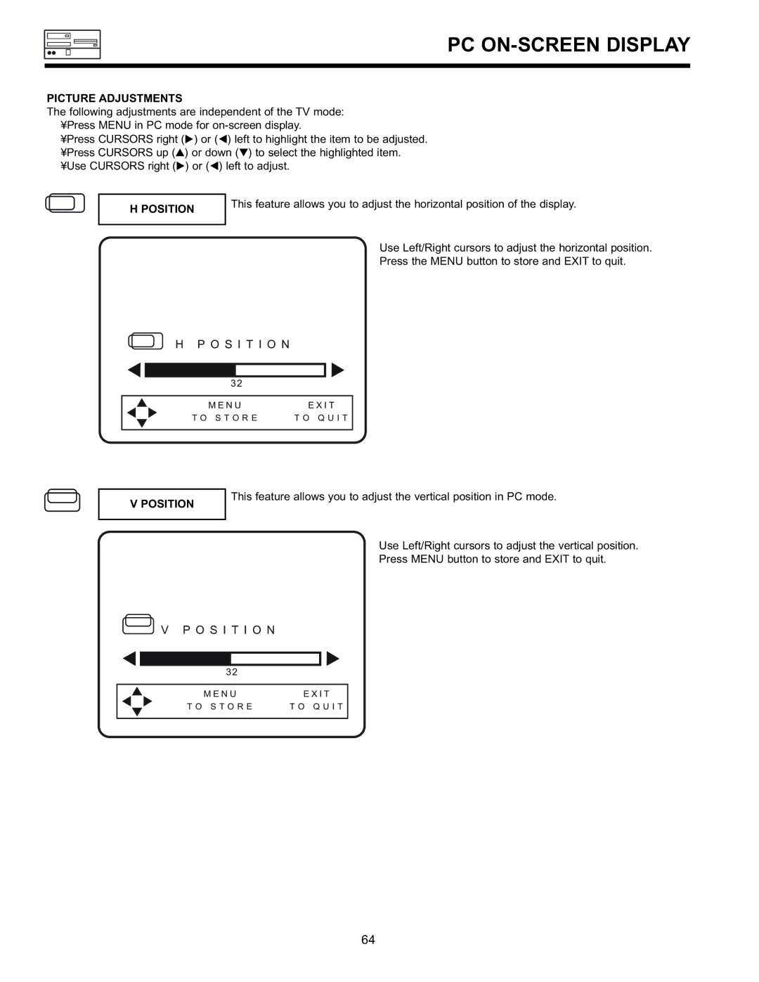 Hitachi 36SDX88B manual PC ON-SCREEN Display, Picture Adjustments 