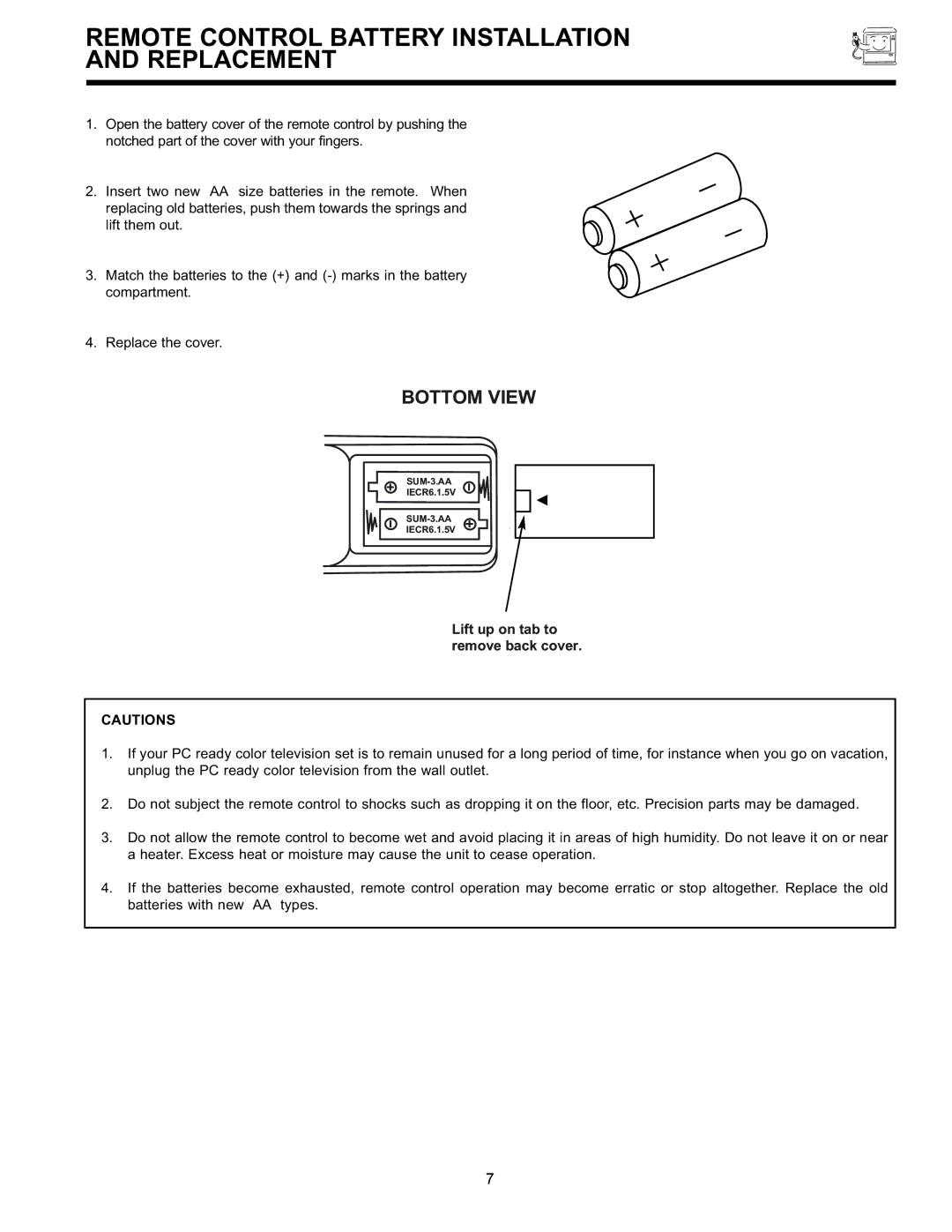 Hitachi 36SDX88B manual Remote Control Battery Installation Replacement 