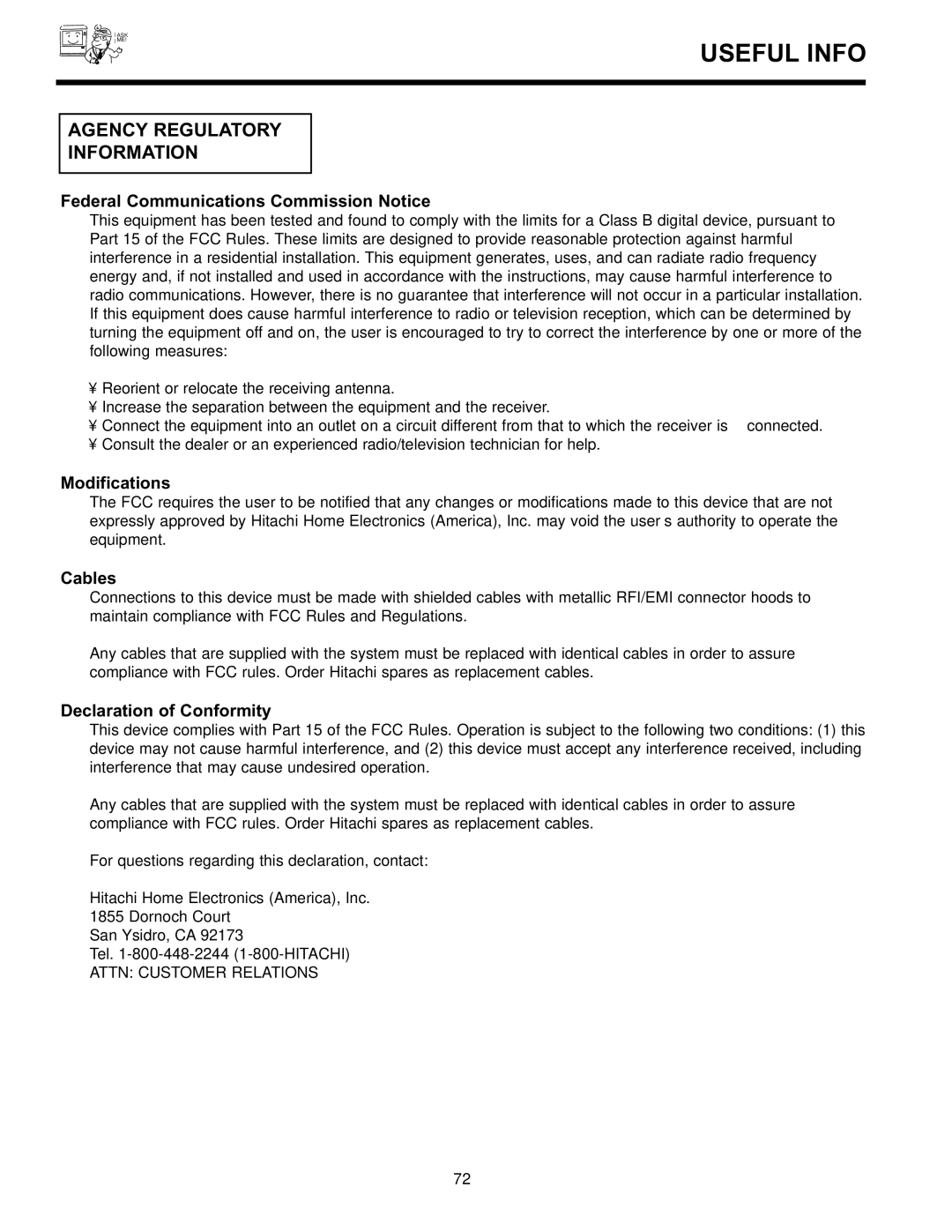 Hitachi 36SDX88B manual Useful Info, Agency Regulatory Information 