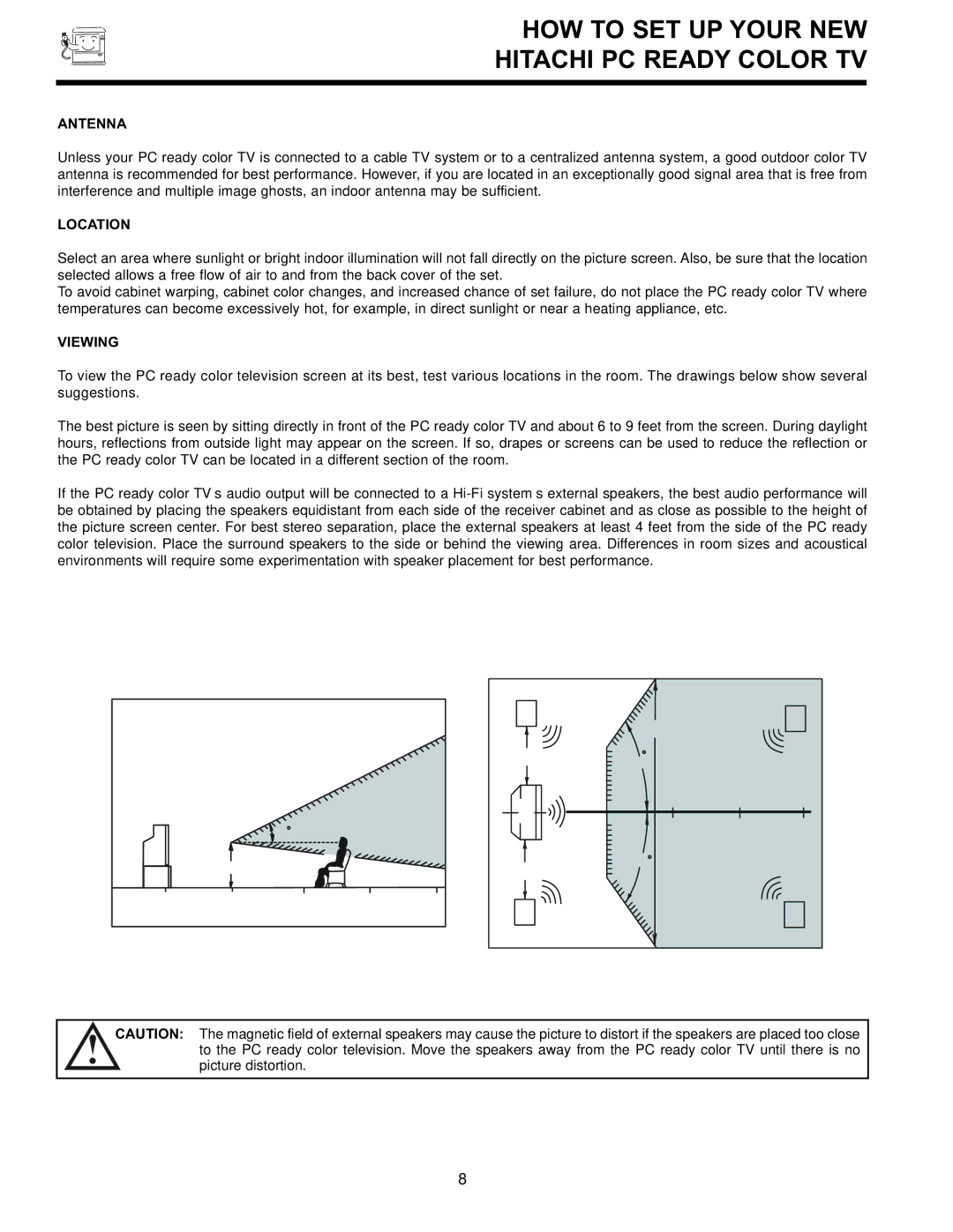 Hitachi 36SDX88B manual HOW to SET UP Your NEW Hitachi PC Ready Color TV, Antenna, Location, Viewing 