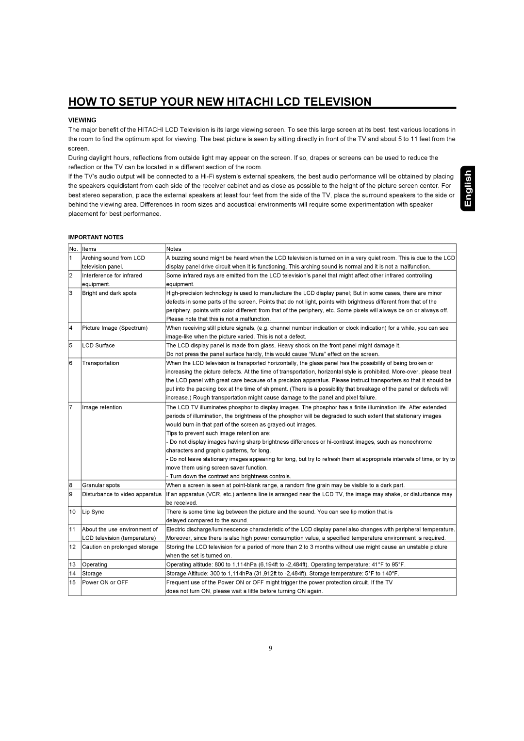 Hitachi 37HDL52A, 32HDL52A important safety instructions Viewing, Important Notes 