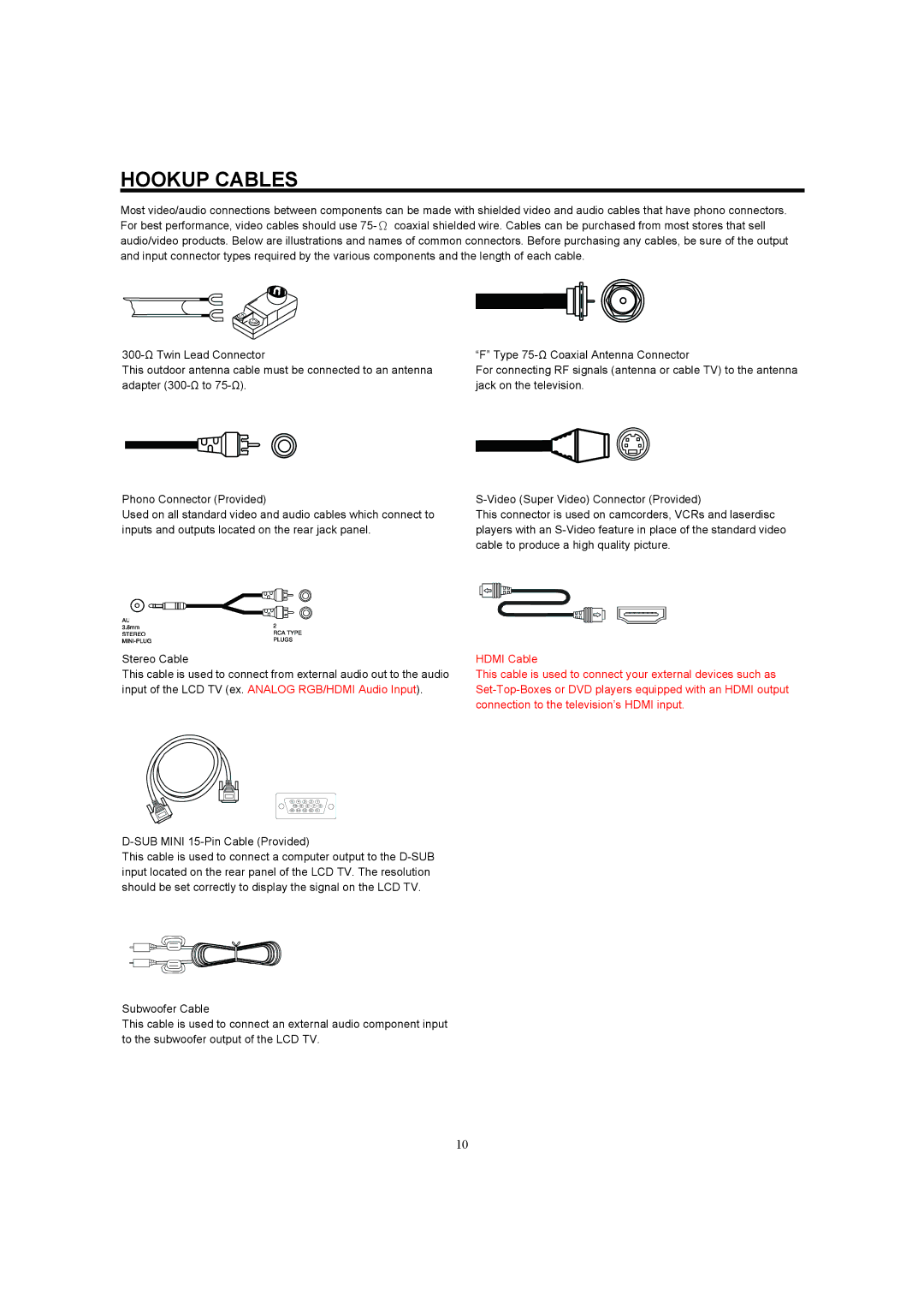 Hitachi 32HDL52A, 37HDL52A important safety instructions Hookup Cables, SUB Mini 15-Pin Cable Provided 