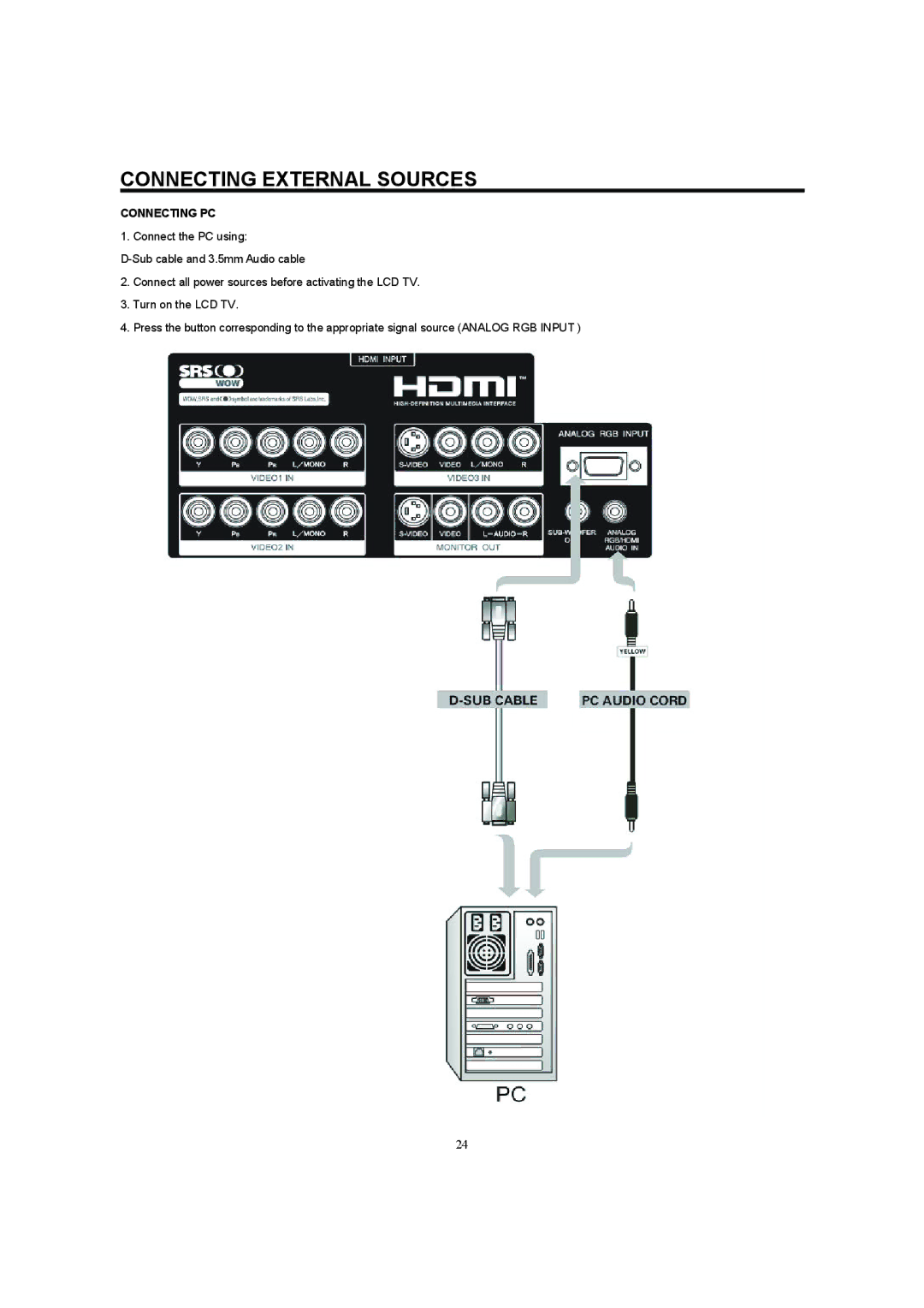 Hitachi 32HDL52A, 37HDL52A important safety instructions Connecting PC 