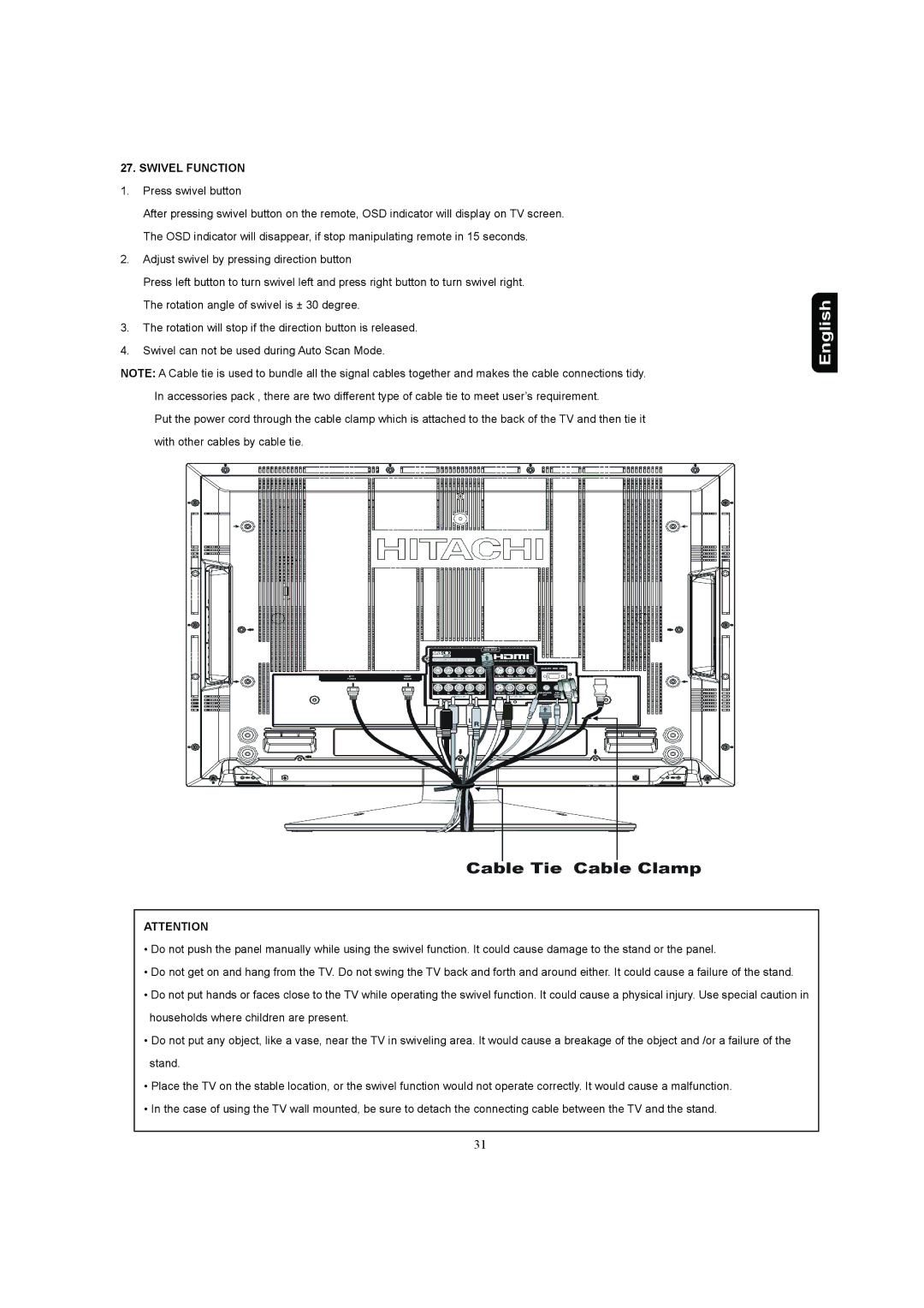 Hitachi 37HDL52A, 32HDL52A important safety instructions Swivel Function, Press swivel button 