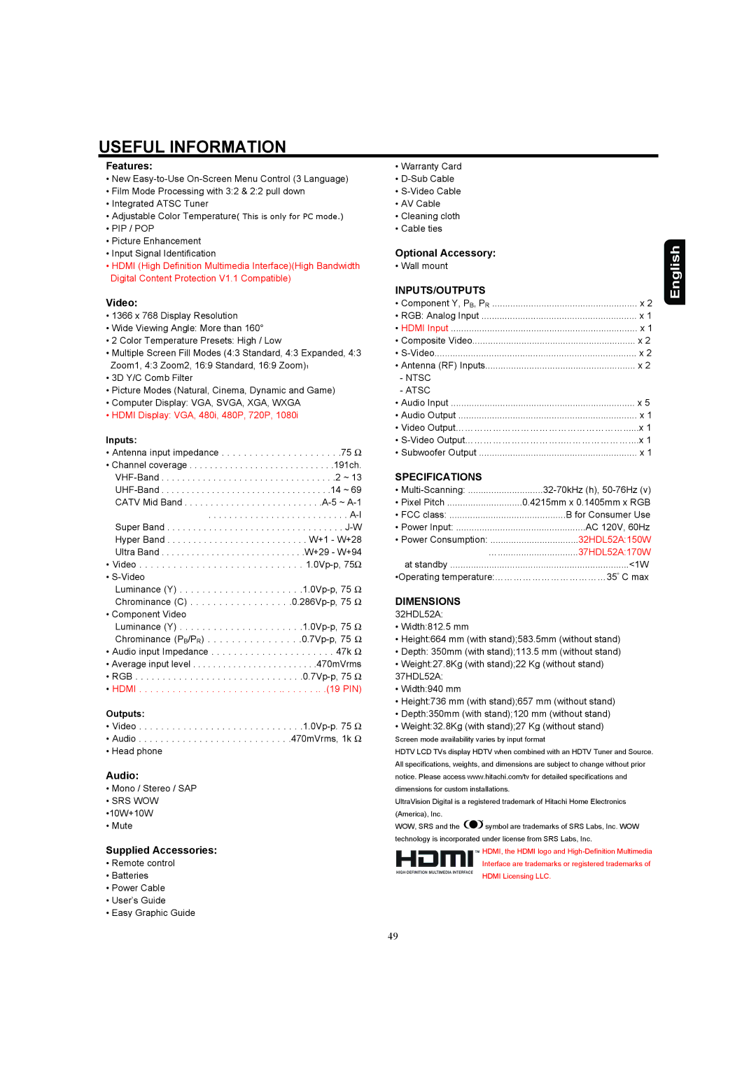 Hitachi 37HDL52A, 32HDL52A important safety instructions Features, Optional Accessory, Video, Audio, Supplied Accessories 