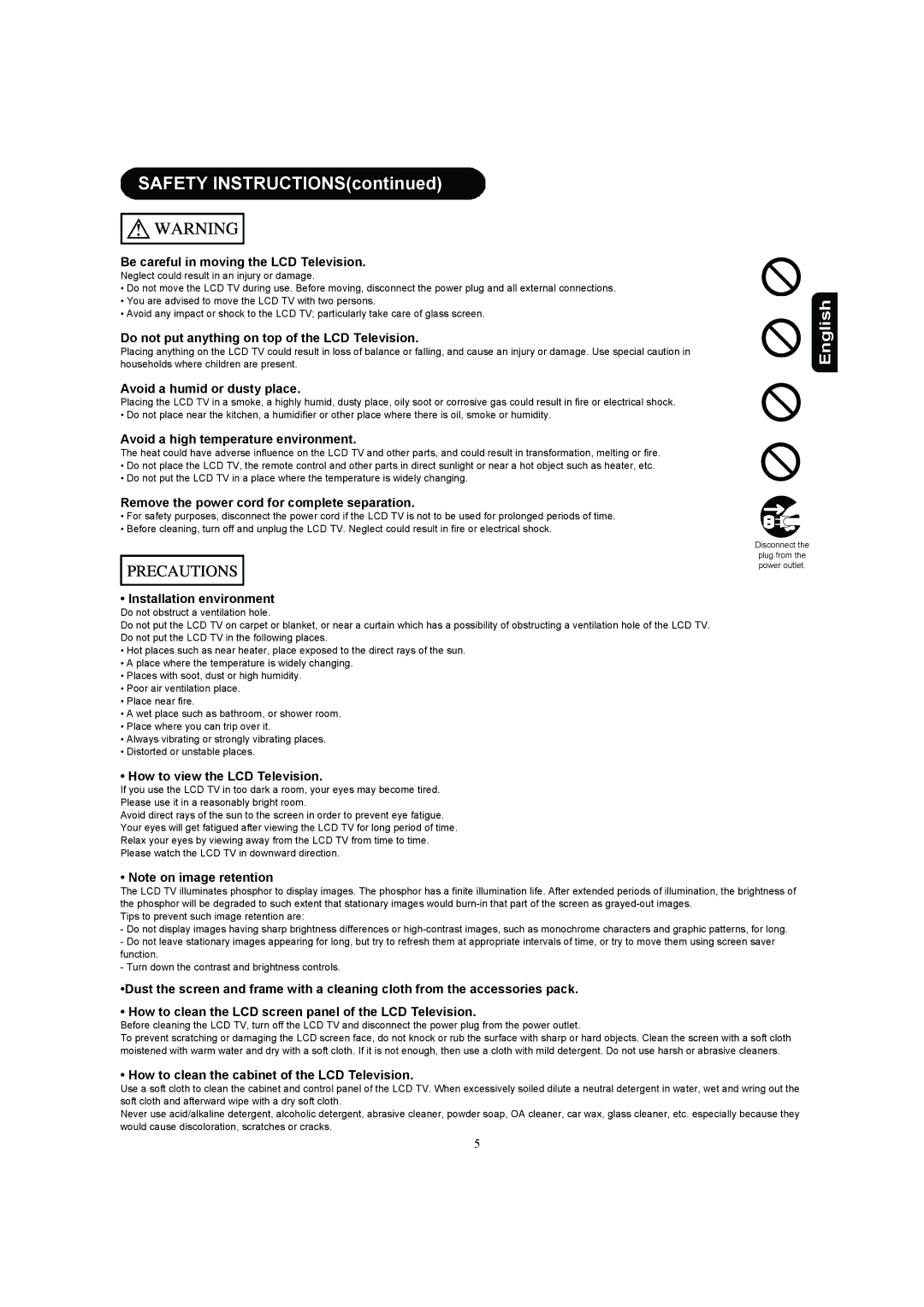 Hitachi 37HDL52A, 32HDL52A Be careful in moving the LCD Television, Do not put anything on top of the LCD Television 