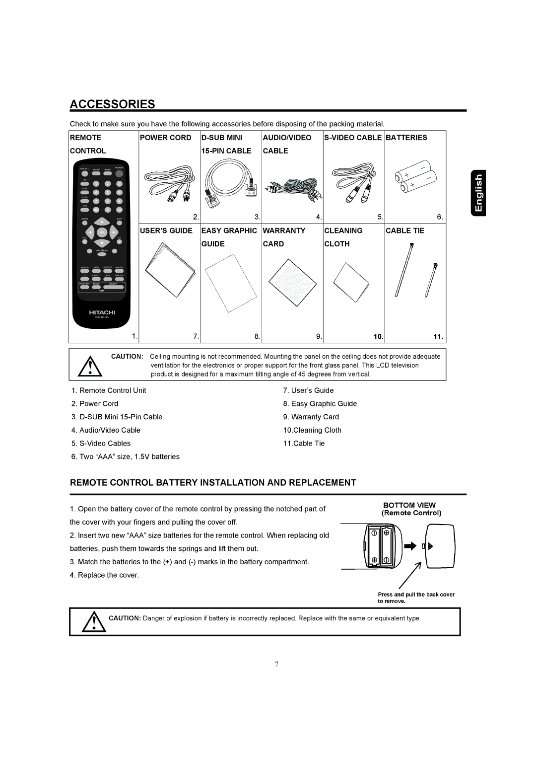 Hitachi 37HDL52A, 32HDL52A important safety instructions Accessories, Remote Control Battery Installation and Replacement 