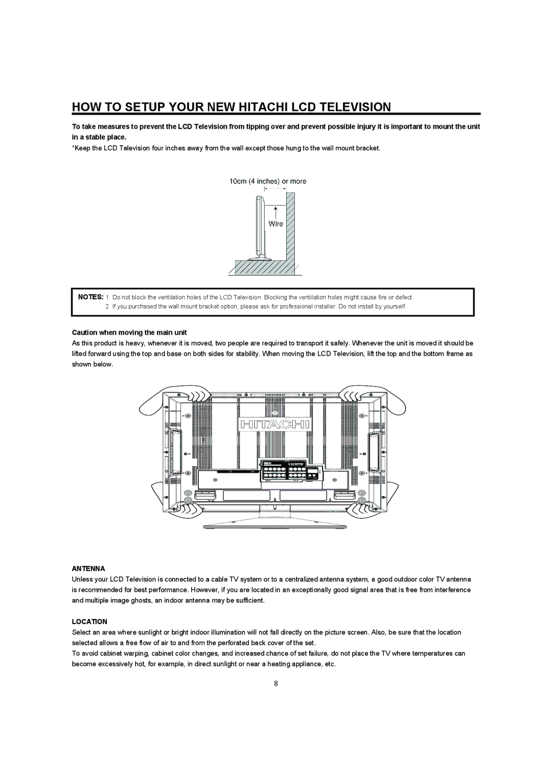 Hitachi 32HDL52A, 37HDL52A important safety instructions HOW to Setup Your NEW Hitachi LCD Television, Antenna, Location 