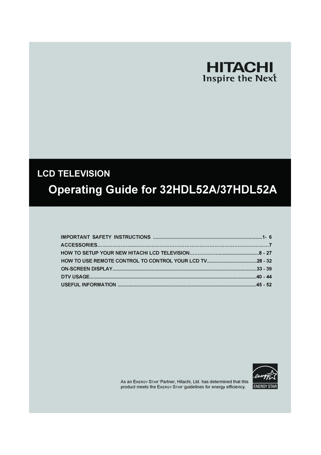 Hitachi important safety instructions Operating Guide for 32HDL52A/37HDL52A, Lcd Television, On-Screen Display 
