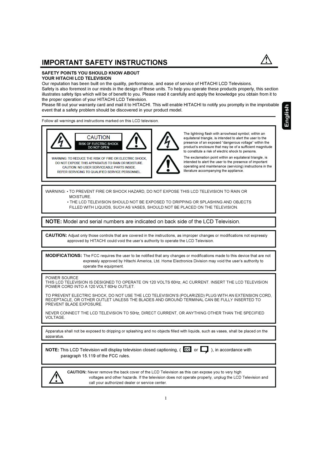 Hitachi 37HDL52A Important Safety Instructions, English, Safety Points You Should Know About Your Hitachi Lcd Television 