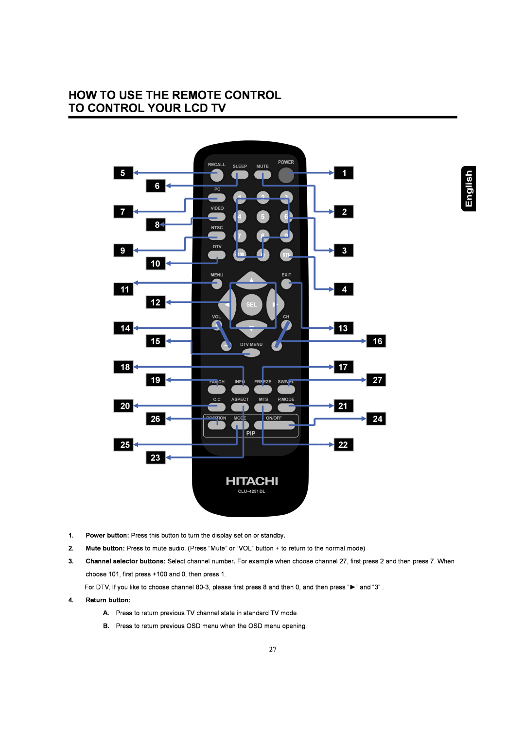 Hitachi 37HDL52A, 32HDL52A How To Use The Remote Control To Control Your Lcd Tv, English, Return button 