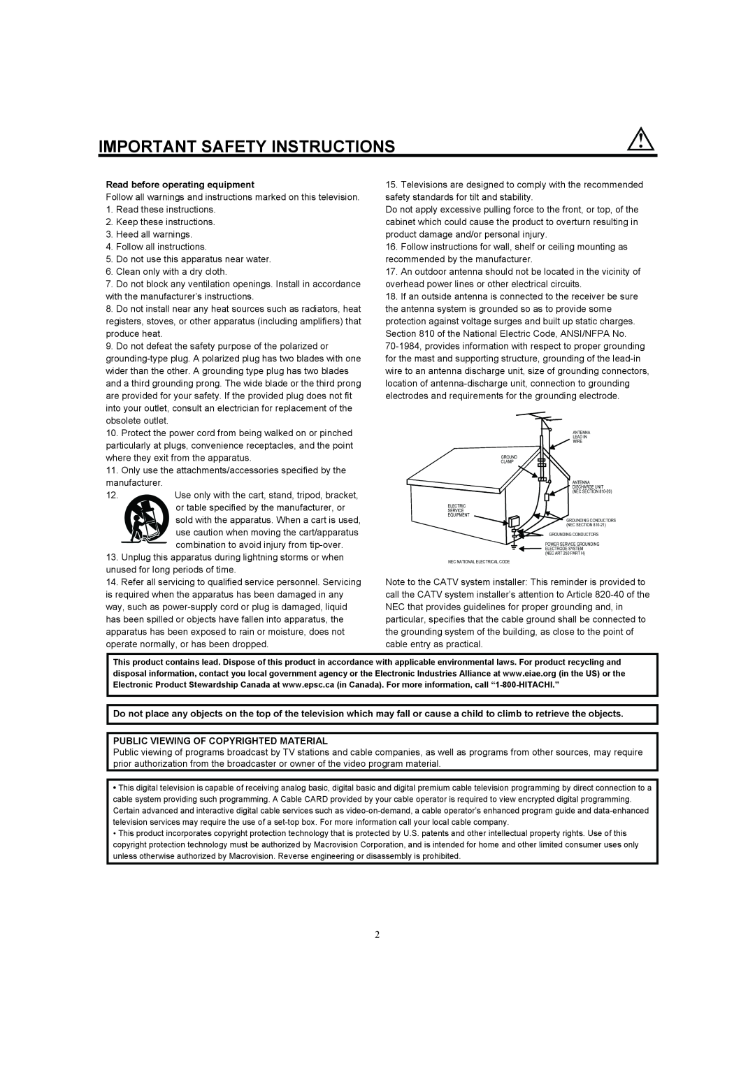 Hitachi 32HDL52A Important Safety Instructions, Read before operating equipment, Public Viewing Of Copyrighted Material 