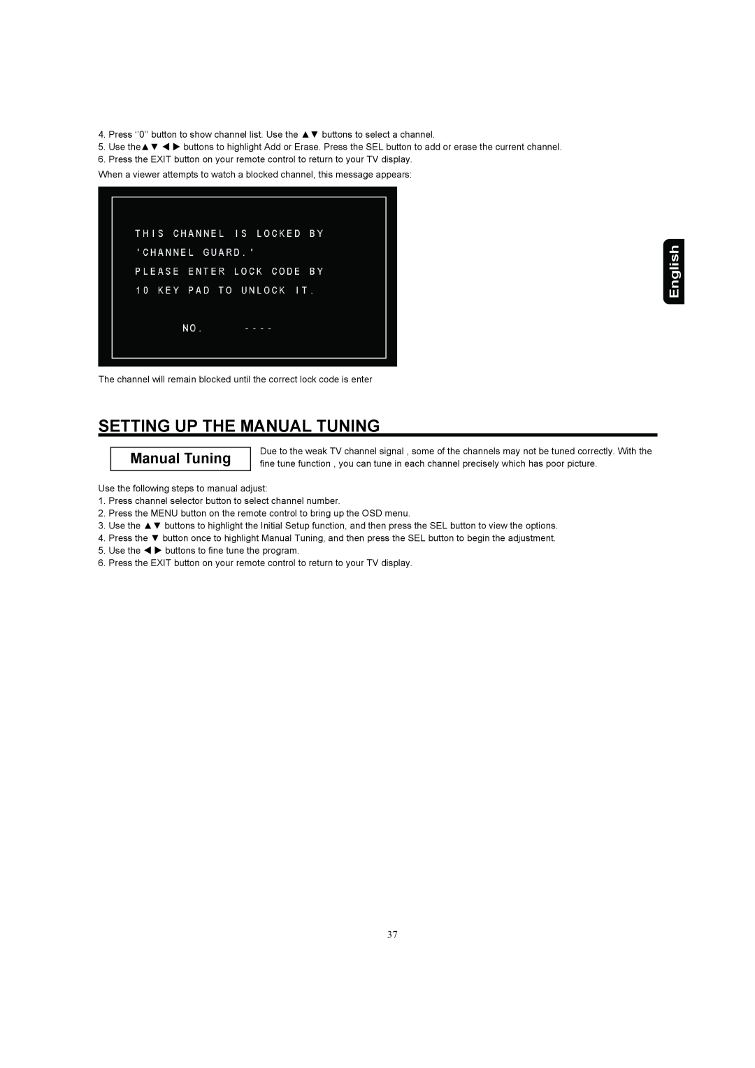 Hitachi 37HDL52A, 32HDL52A important safety instructions Setting Up The Manual Tuning, English 