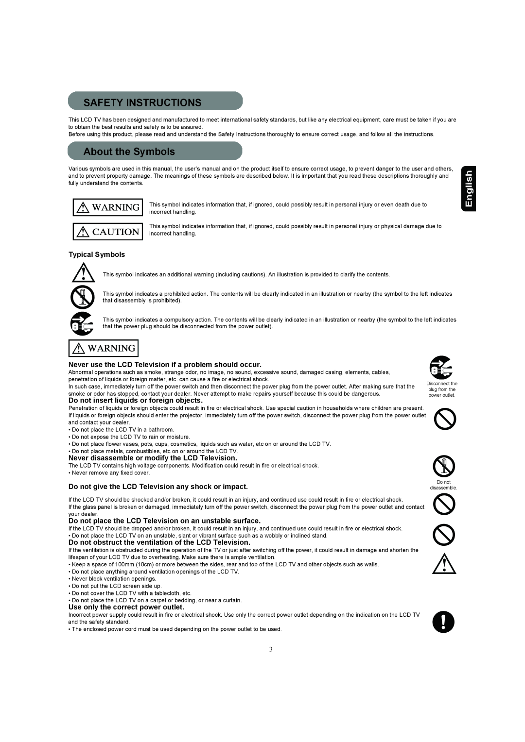 Hitachi 37HDL52A Safety Instructions, About the Symbols, English, Typical Symbols, Use only the correct power outlet 