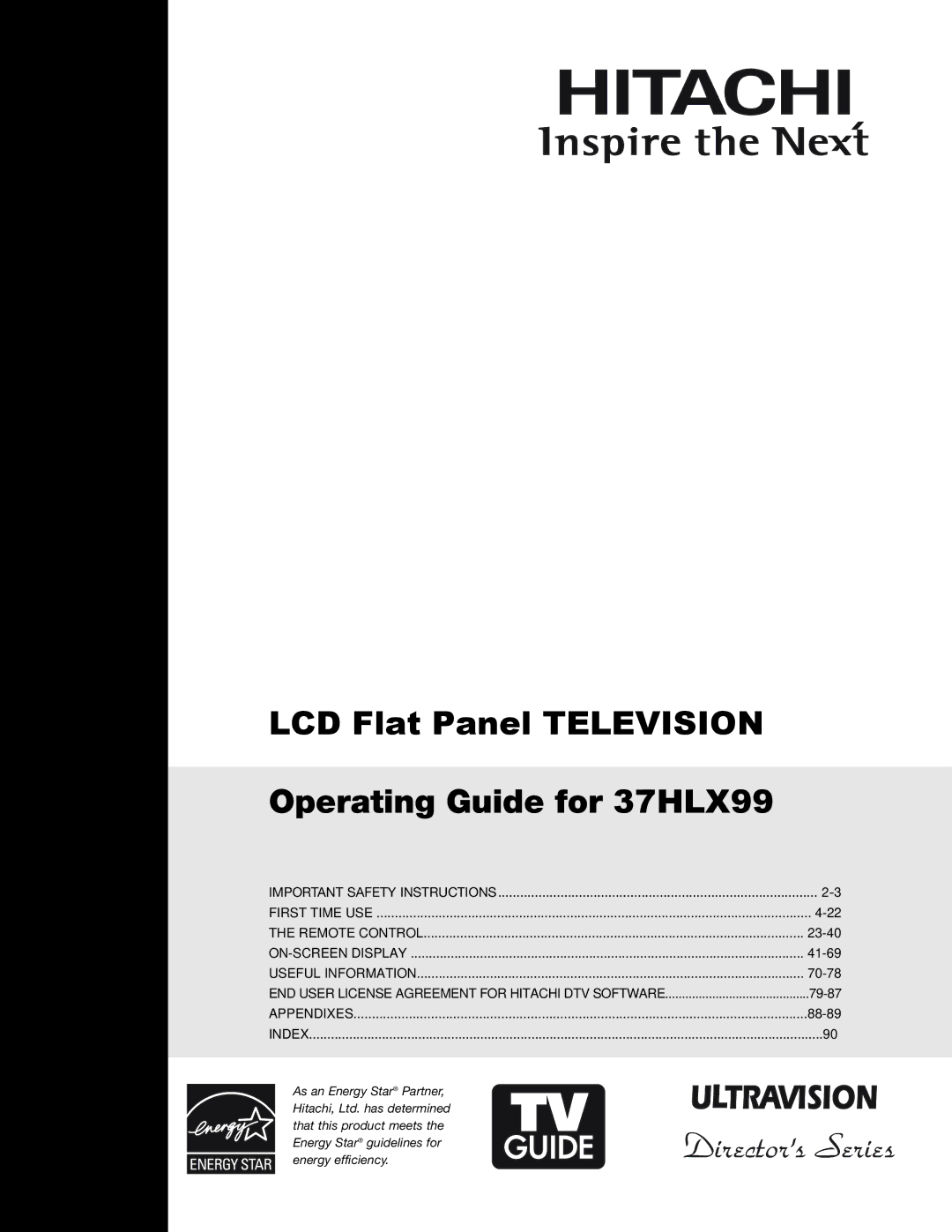 Hitachi important safety instructions LCD Flat Panel Television Operating Guide for 37HLX99 