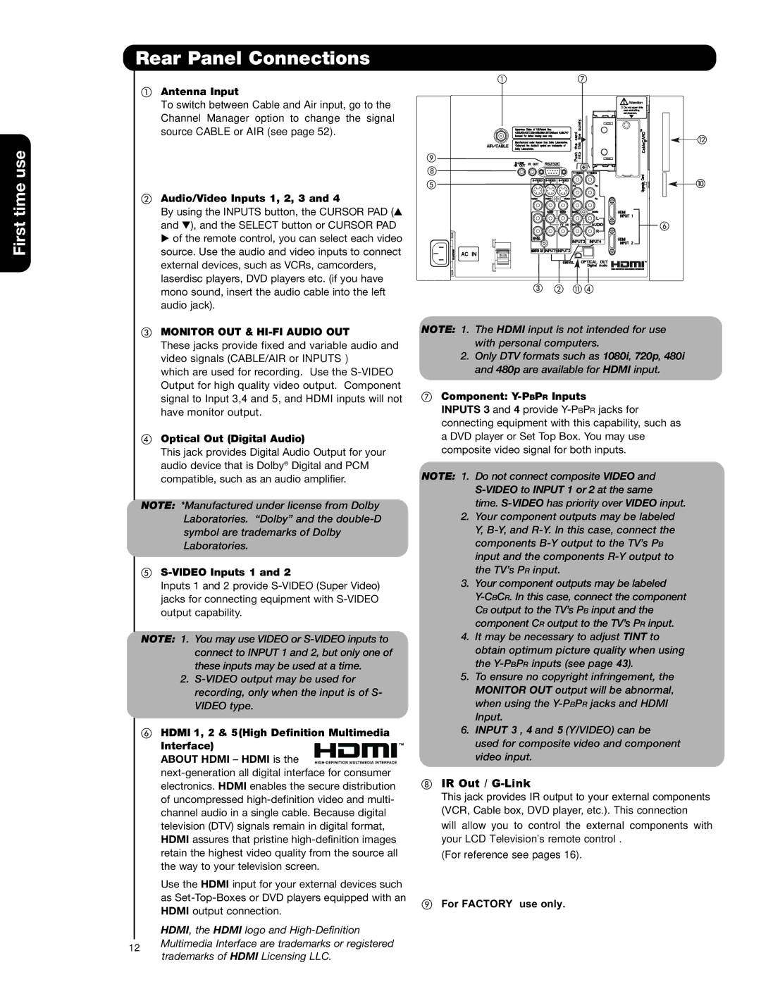 Hitachi 37HLX99 important safety instructions Rear Panel Connections, Monitor OUT & HI-FI Audio OUT 