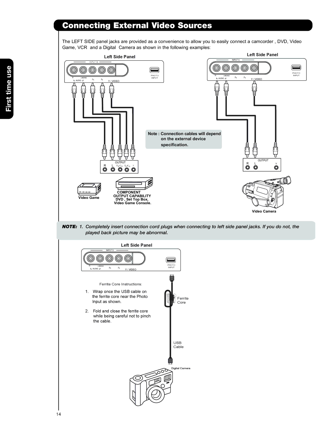 Hitachi 37HLX99 important safety instructions Connecting External Video Sources, Left Side Panel 