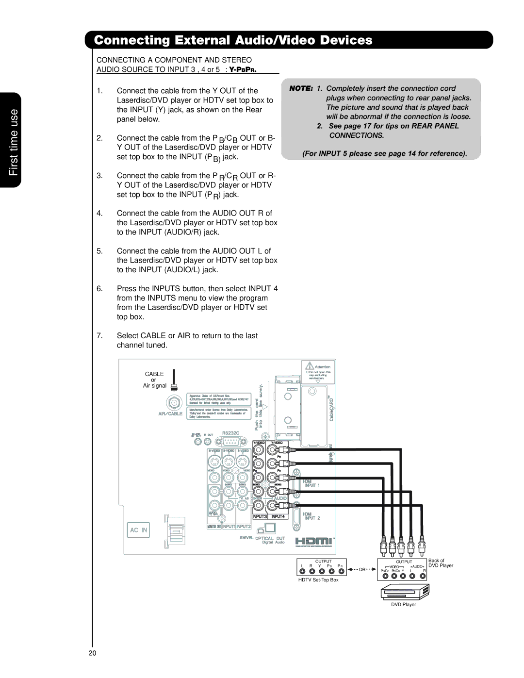 Hitachi 37HLX99 Connecting External Audio/Video Devices, Select Cable or AIR to return to the last channel tuned 