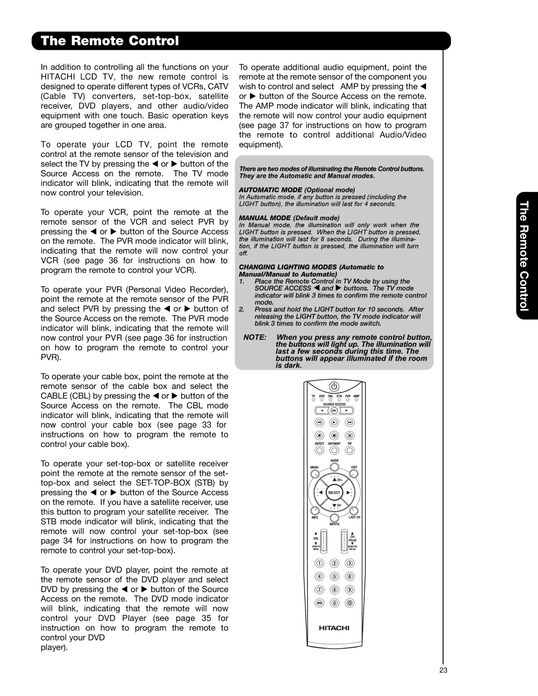 Hitachi 37HLX99 important safety instructions Remote Control, Manual Mode Default mode 