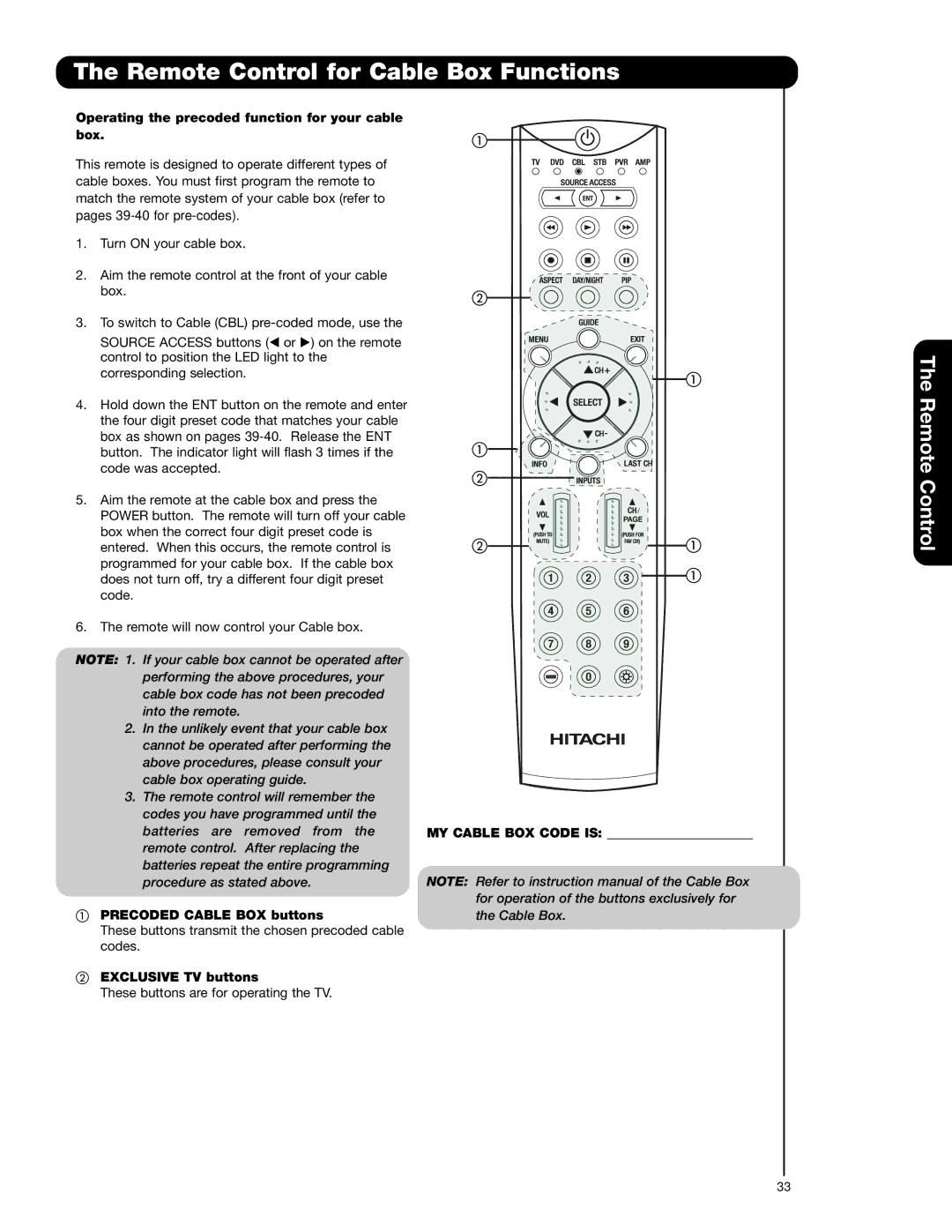 Hitachi 37HLX99 Remote Control for Cable Box Functions, Operating the precoded function for your cable box 