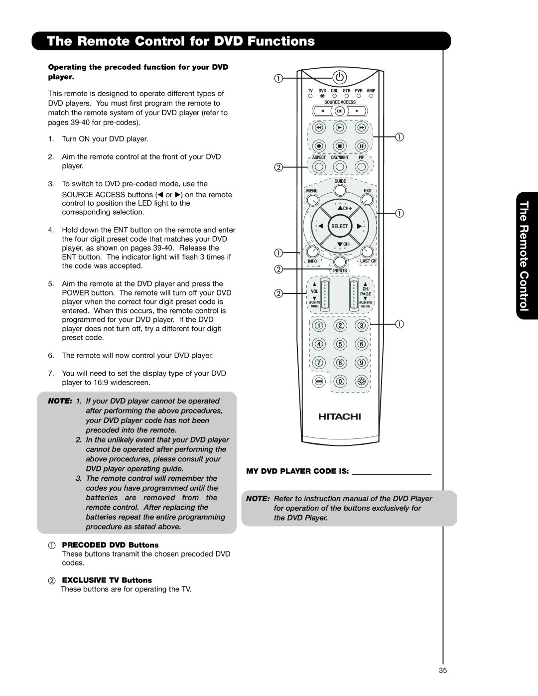 Hitachi 37HLX99 Remote Control for DVD Functions, Operating the precoded function for your DVD player 