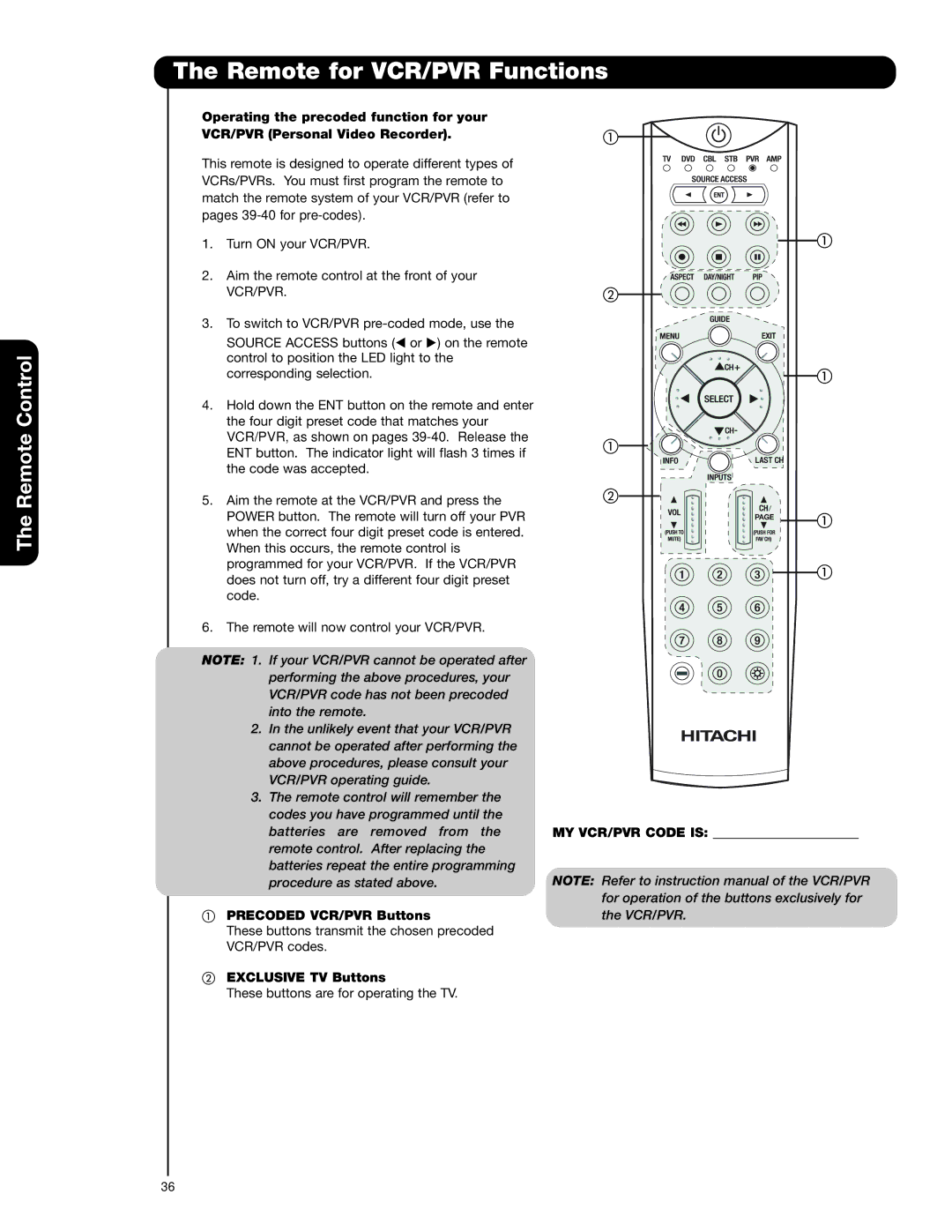 Hitachi 37HLX99 important safety instructions Remote for VCR/PVR Functions, Precoded VCR/PVR Buttons, MY VCR/PVR Code is 