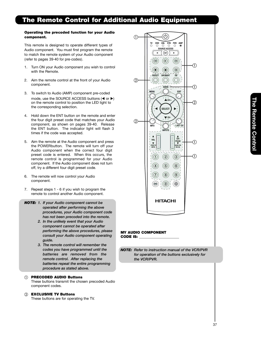 Hitachi 37HLX99 Remote Control for Additional Audio Equipment, Operating the precoded function for your Audio component 