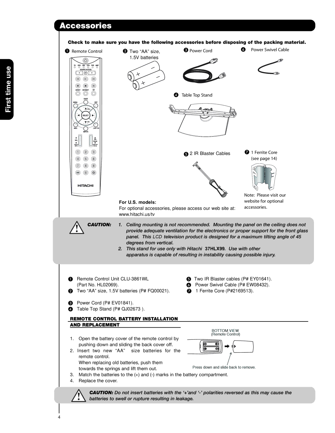 Hitachi 37HLX99 important safety instructions Accessories, For U.S. models, Remote Control Battery Installation Replacement 