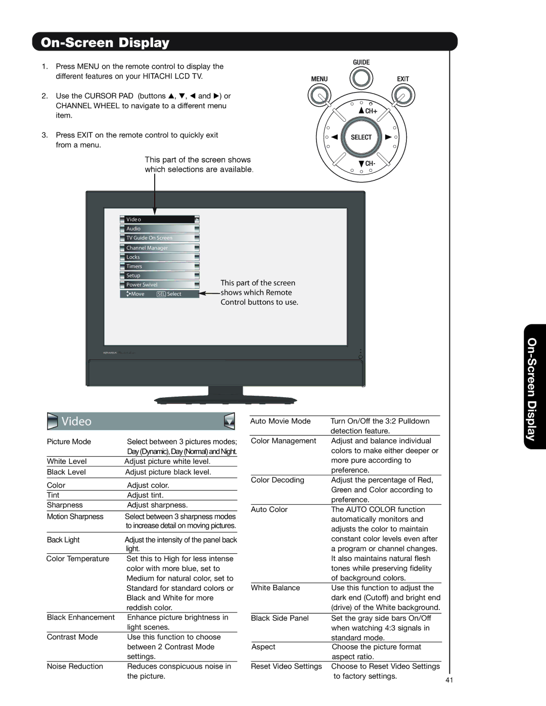 Hitachi 37HLX99 important safety instructions On-Screen Display, Video 