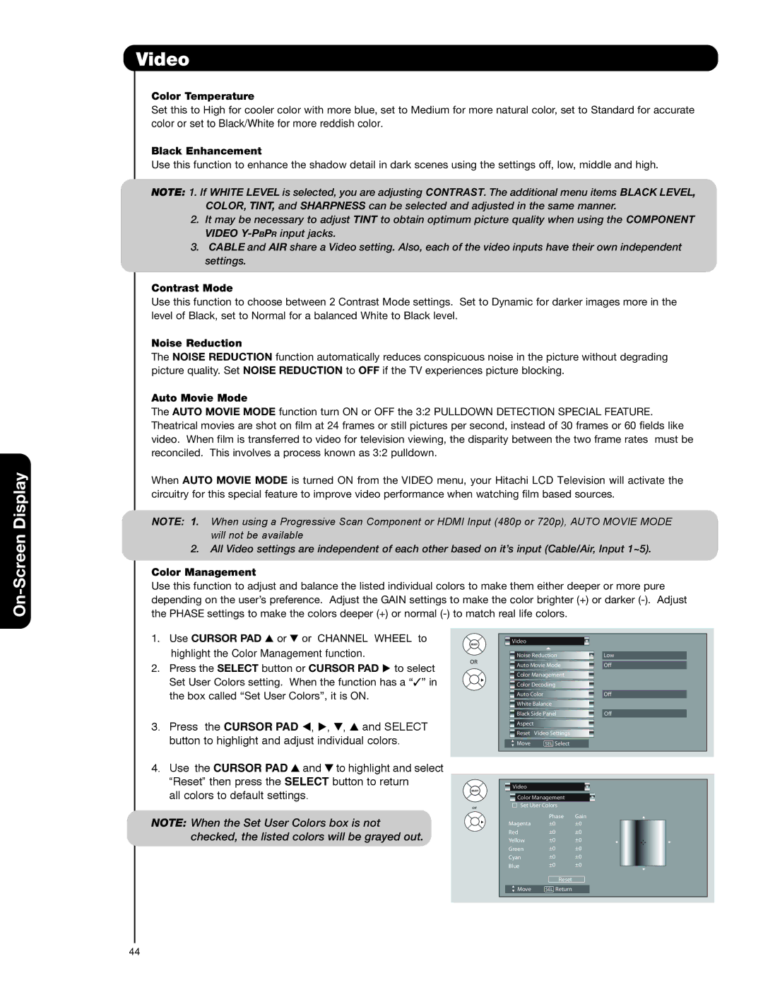 Hitachi 37HLX99 Color Temperature, Black Enhancement, Contrast Mode, Noise Reduction, Auto Movie Mode, Color Management 