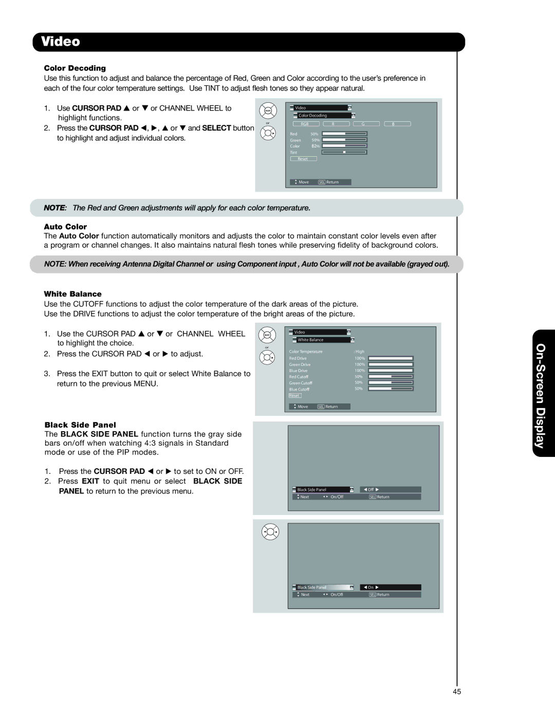 Hitachi 37HLX99 important safety instructions Color Decoding, Auto Color, White Balance, Black Side Panel 