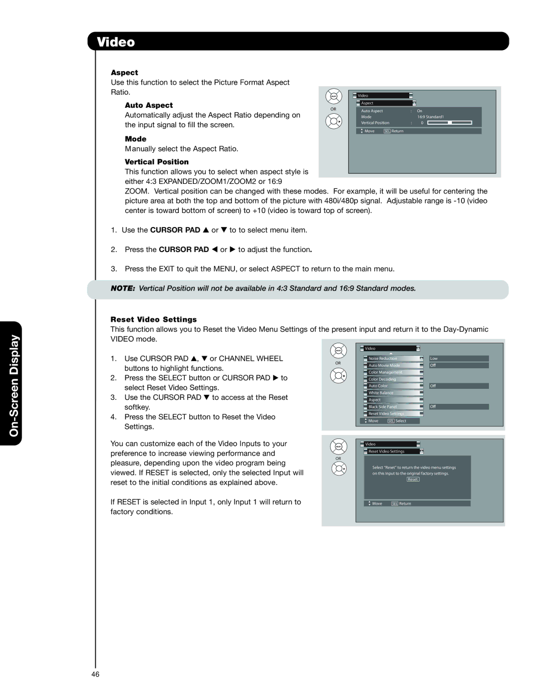 Hitachi 37HLX99 important safety instructions Vertical Position, Reset Video Settings 