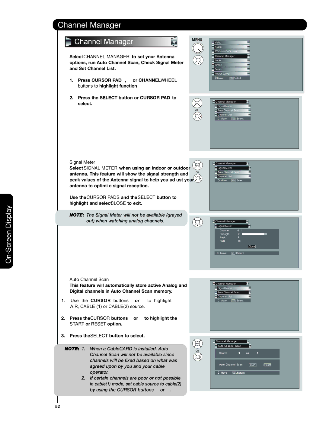 Hitachi 37HLX99 important safety instructions Channel Manager, Signal Meter, Auto Channel Scan, Start or Reset option 