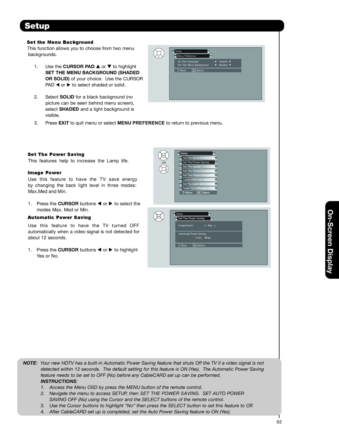 Hitachi 37HLX99 Set the Menu Background, Set The Power Saving, Image Power, Automatic Power Saving 