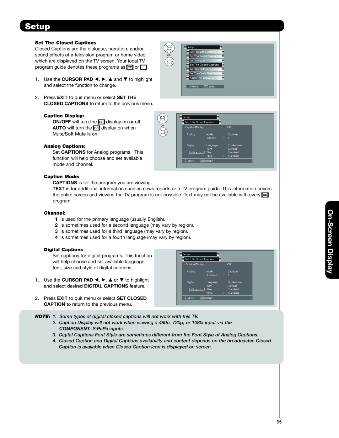 Hitachi 37HLX99 Set The Closed Caption s, Caption Display, Analog Captions, Caption Mode, Channel, Digital Captions 